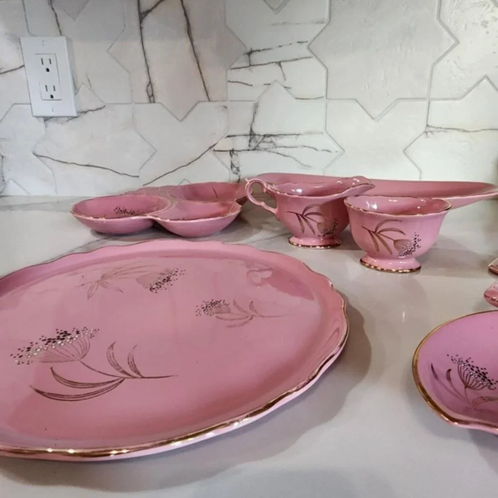 James Kent Old Foley Ballerina 5484 Pink Gold Gilt Serving Set 8pc Staffordshire